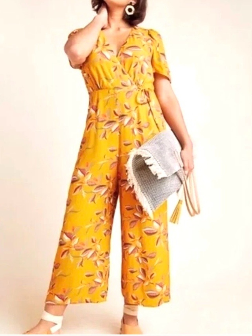 Anthropologie Greylin Lisette wide leg jumpsuit Women’s S NWT Mustard Leaf print